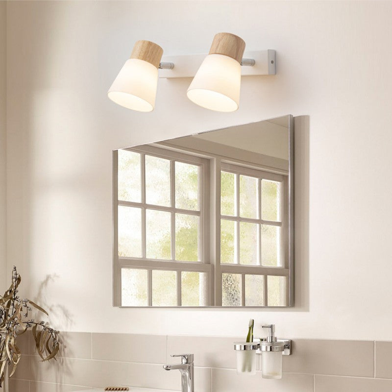 Applique da Parete Lampada Vanity Luce Moderno Minimalista in Legno di Gomma Ferro Vetro 1/2