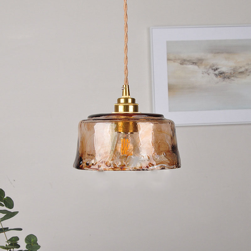 Lampadario Pendente Tradizionale Vintage in Vetro Ambra Rotondo con Ottone per Soggiorno