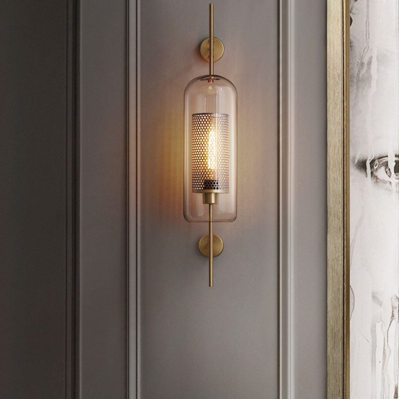 Applique da parete con paralume in vetro cilindrico industriale contemporaneo e struttura in ferro, lampada a 1 luce per camera da letto