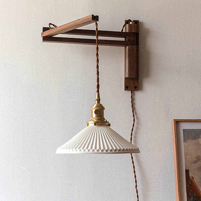 Applique da parete a 1 luce retrattile in vetro bianco a strisce nordiche con noce