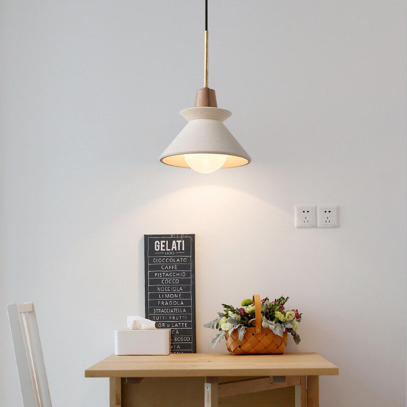 Luce a sospensione moderna minimalista in cemento bianco e legno di ferro con 1 lampadina per sala da pranzo
