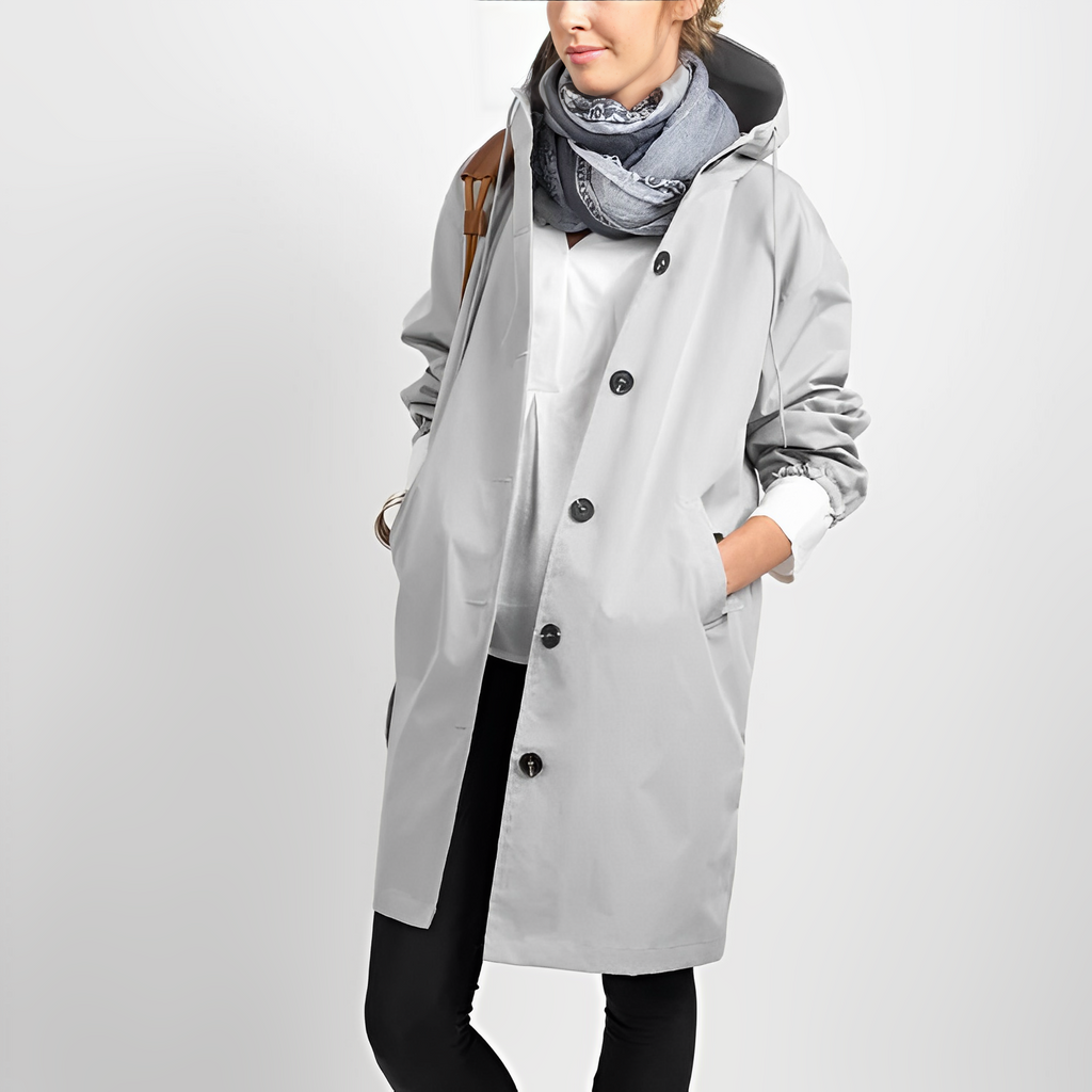 Giacca Impermeabile Lunga da Donna – Giacca Leggera con Cappuccio e Cordino in Vita
