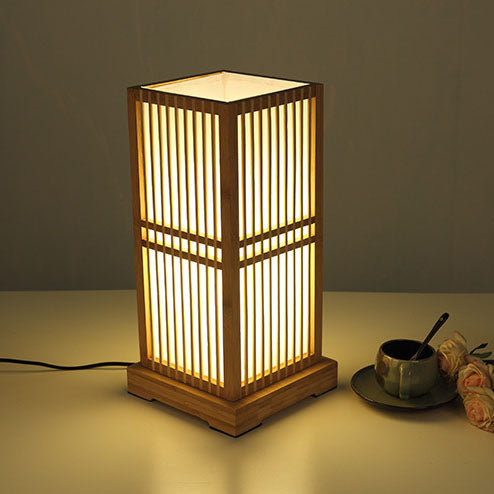 Lampada da Tavolo Tradizionale Giapponese a Colonna Quadrata in Bambù con 1 Luce per Camera da Letto