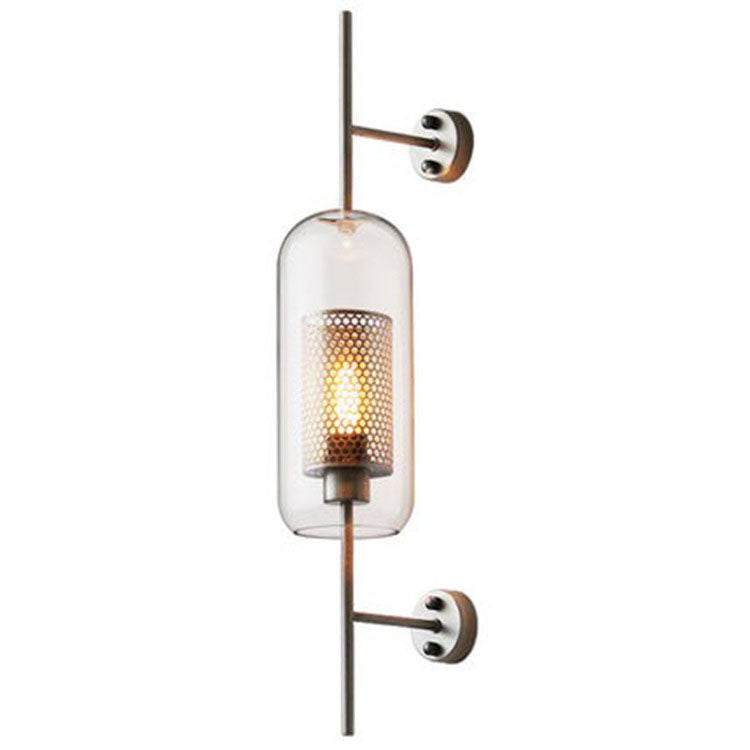 Applique da parete con paralume in vetro cilindrico industriale contemporaneo e struttura in ferro, lampada a 1 luce per camera da letto