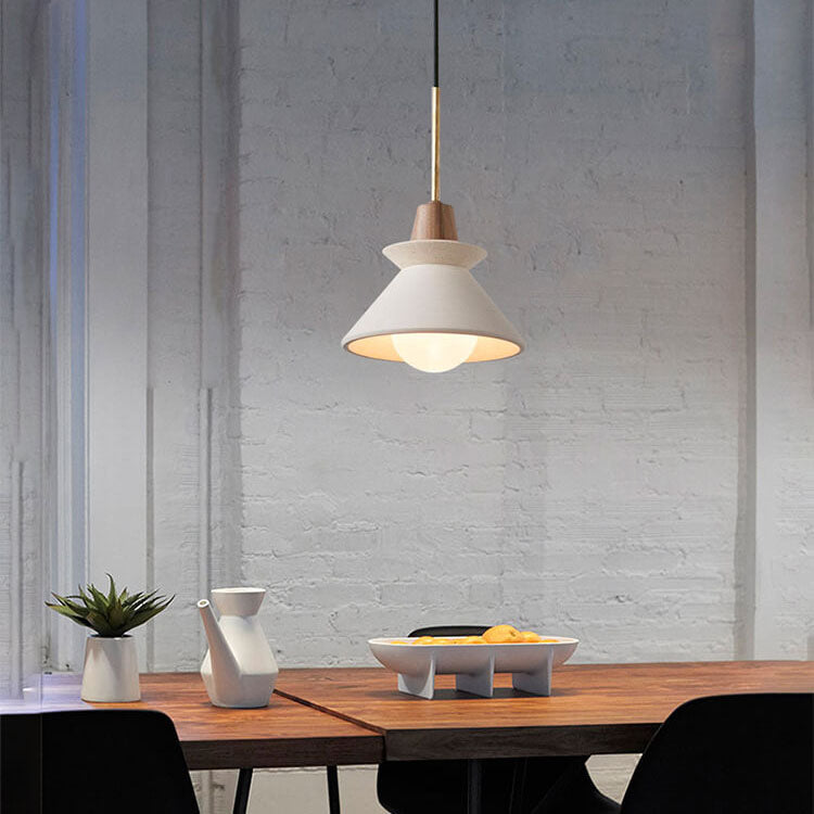 Luce a sospensione moderna minimalista in cemento bianco e legno di ferro con 1 lampadina per sala da pranzo