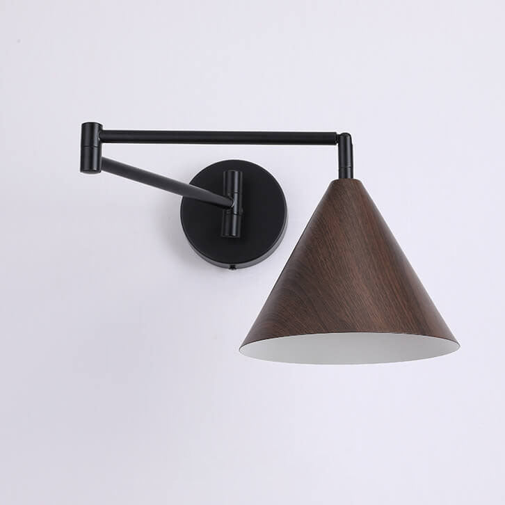Applique da parete in ferro con braccio a sospensione a cono nordico contemporaneo in legno 1 luce per camera da letto