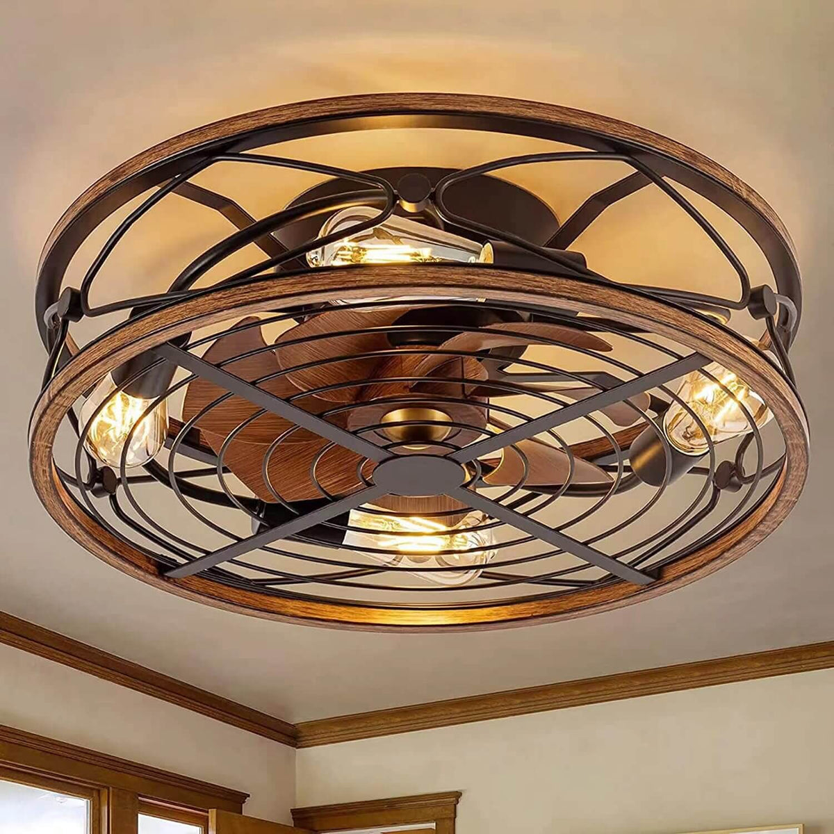 Moderno Nordic Industrial Lampada a Soffitto con Ventilatore Invisibile in Ferro Battuto a Cilindro con 4 Luci per Soggiorno