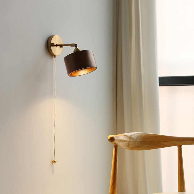 Applique da Parete Lampada a Sospensione Contemporanea Scandinava a Cono Rotondo in Rame e Legno con 1 Luce per Camera da Letto