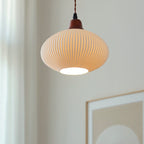 Lampada a sospensione tradizionale giapponese in ceramica con cupola rotonda piegata, legno massello e ferro, 1 luce per soggiorno e camera da letto