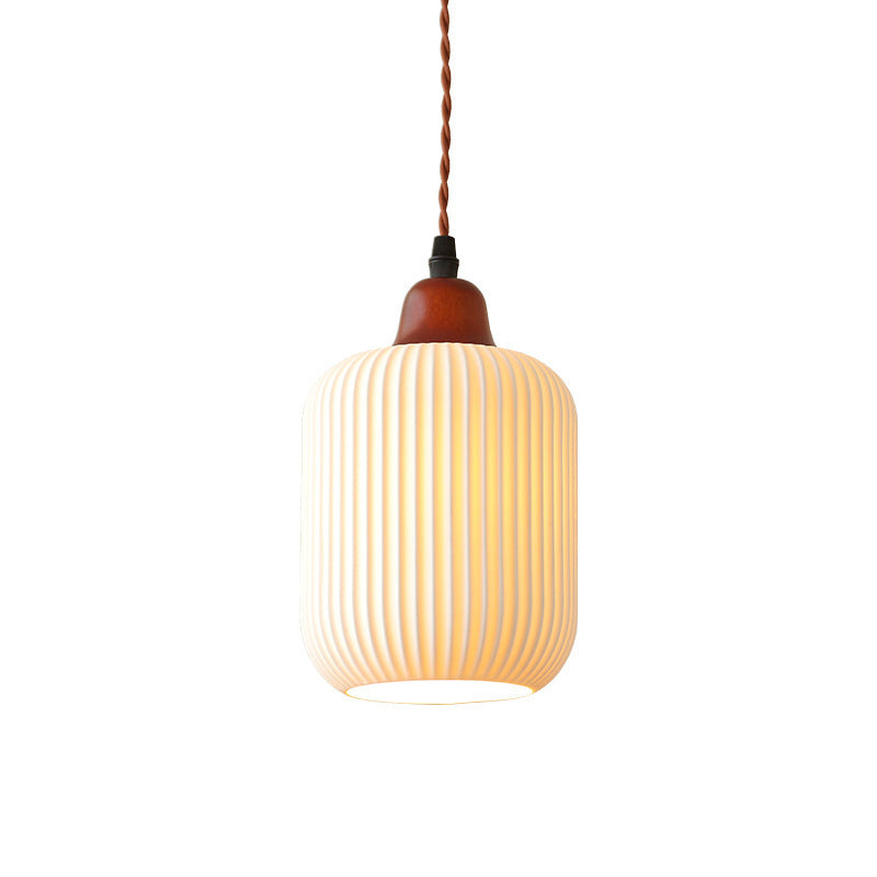 Lampada a sospensione tradizionale giapponese in ceramica con cupola rotonda piegata, legno massello e ferro, 1 luce per soggiorno e camera da letto