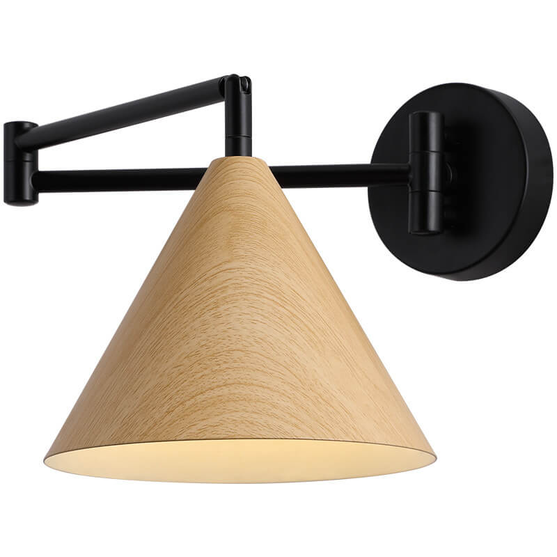 Applique da parete in ferro con braccio a sospensione a cono nordico contemporaneo in legno 1 luce per camera da letto