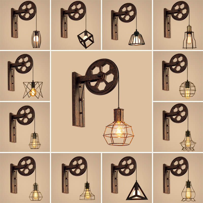 Applique da parete in ferro e legno vintage tradizionale con pulleys a 1 luce