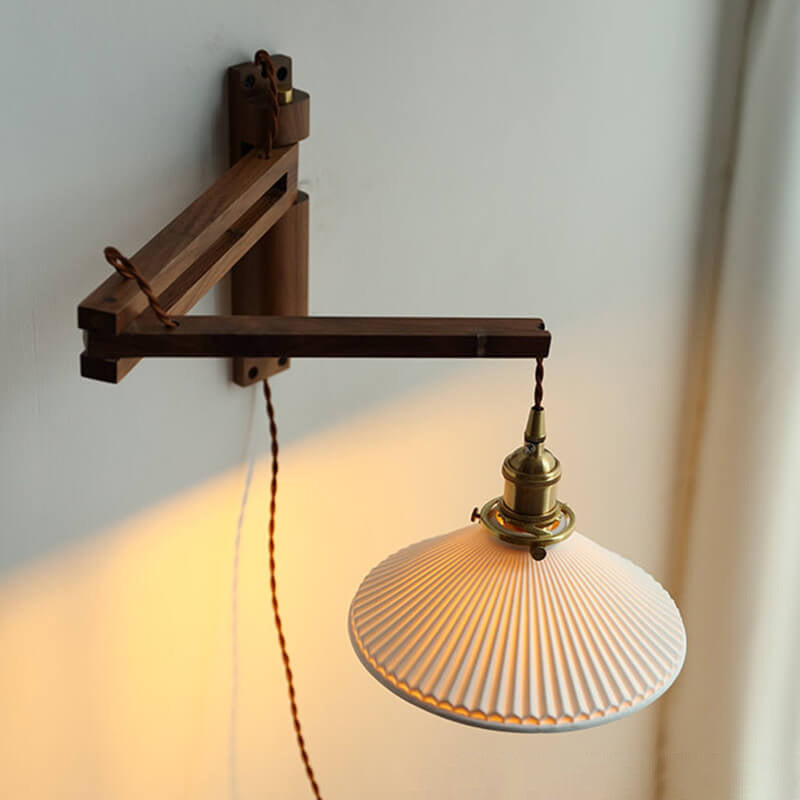 Applique da parete a 1 luce retrattile in vetro bianco a strisce nordiche con noce