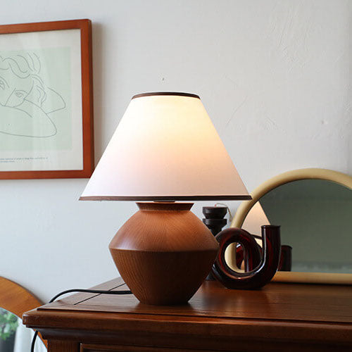 Lampada da Tavolo Vintage in Legno Massello e Tessuto 1 Luce Wabi-sabi Giapponese