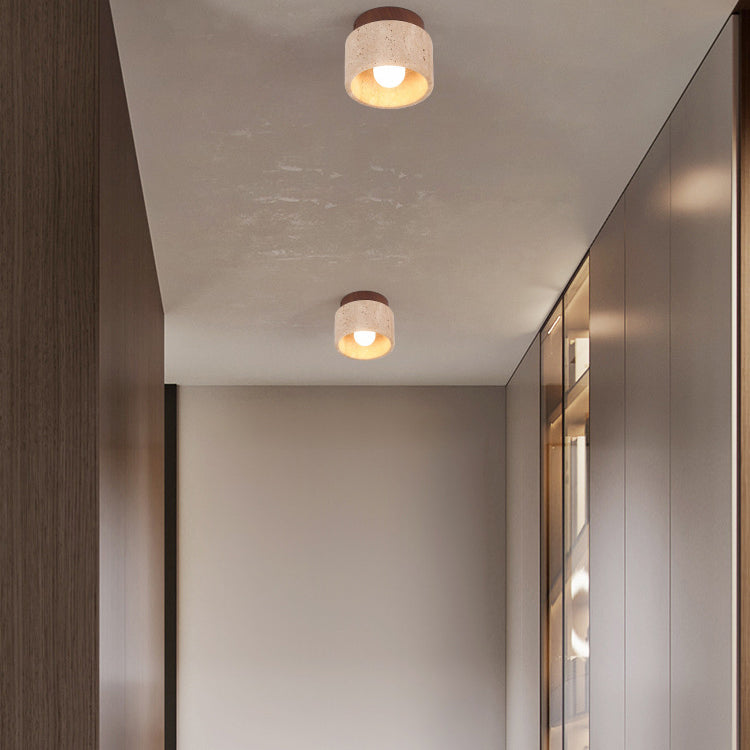 Colonna in Travertino Giallo Wabi-Sabi Giapponese Legno 1-Luce Semi-Flush Mount Lampada da Soffitto