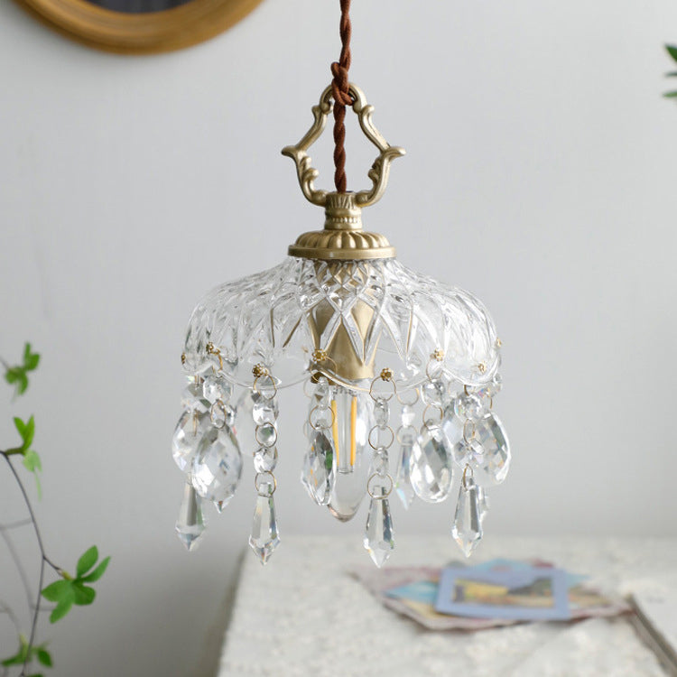 Lampadario Vintage in Rame con Cristalli Floreali | 1 Luce