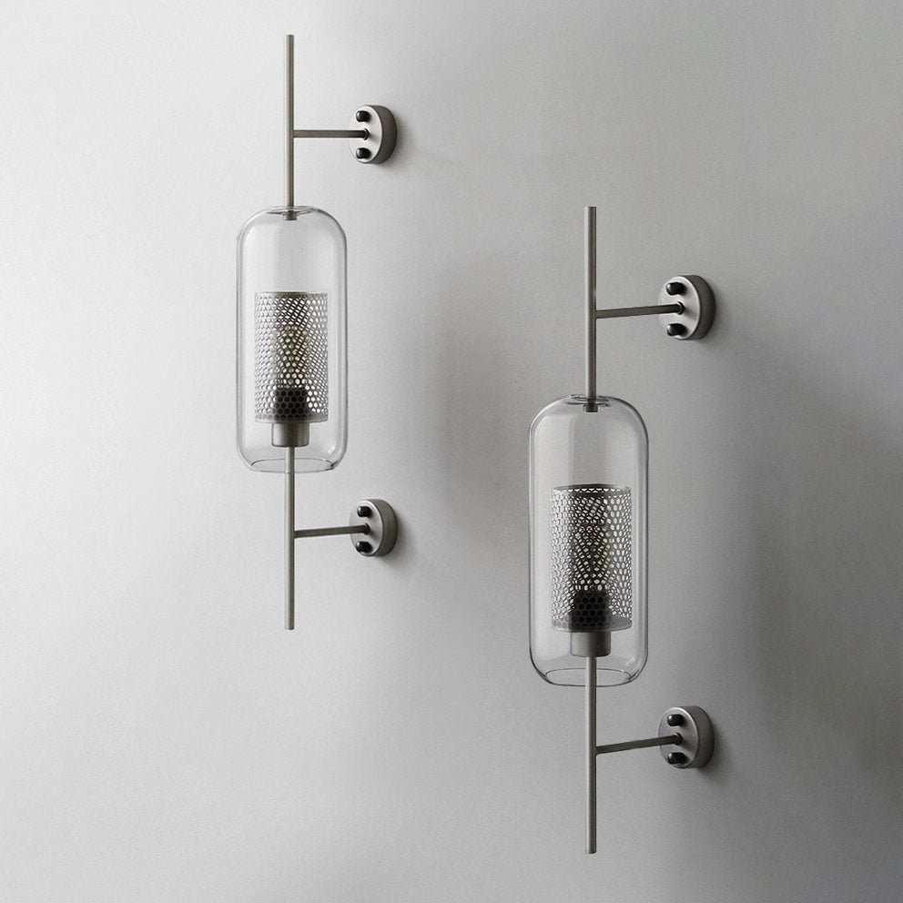 Applique da parete con paralume in vetro cilindrico industriale contemporaneo e struttura in ferro, lampada a 1 luce per camera da letto