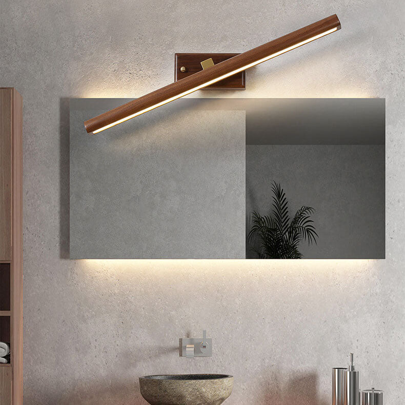 Specchio da bagno LED a cilindro in legno di faggio e rame, lampada da parete minimalista nordica per soggiorno e bagno