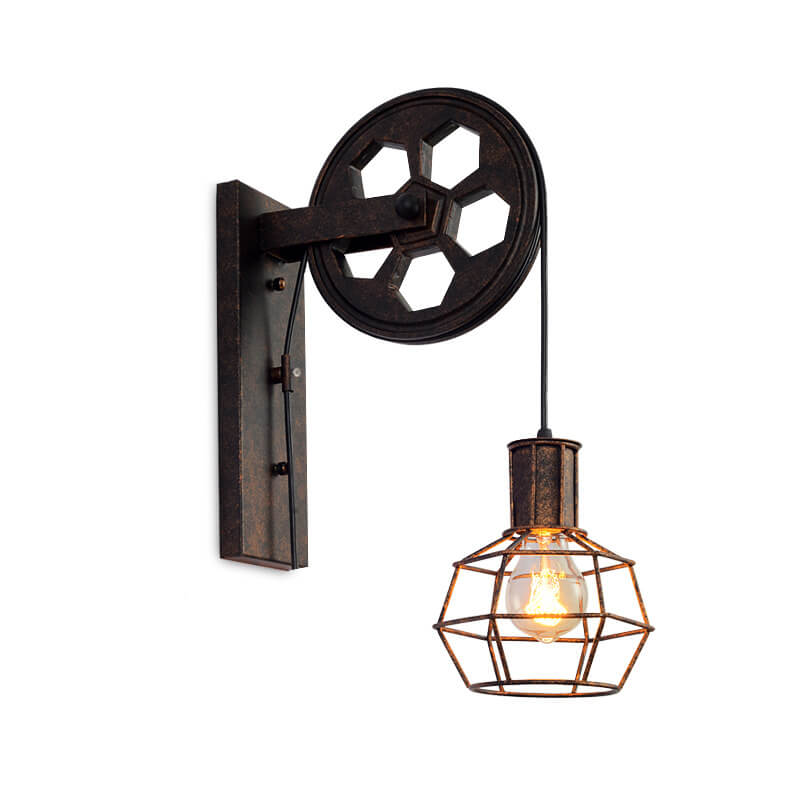 Applique da parete in ferro e legno vintage tradizionale con pulleys a 1 luce