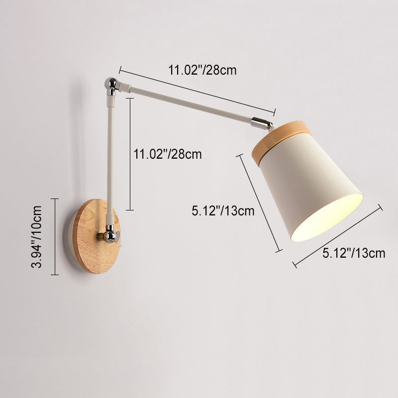 Applique da parete in legno massello scandinavo contemporaneo con paralume in ferro a cilindro, lampada a 1 luce per camera da letto