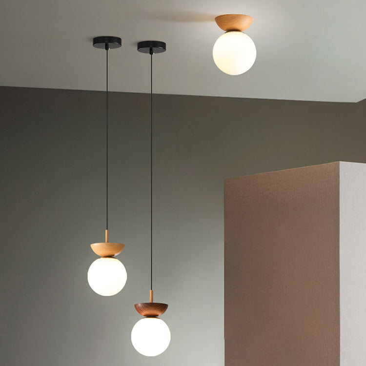 Lampada da soffitto a sfera di vetro | Design legno