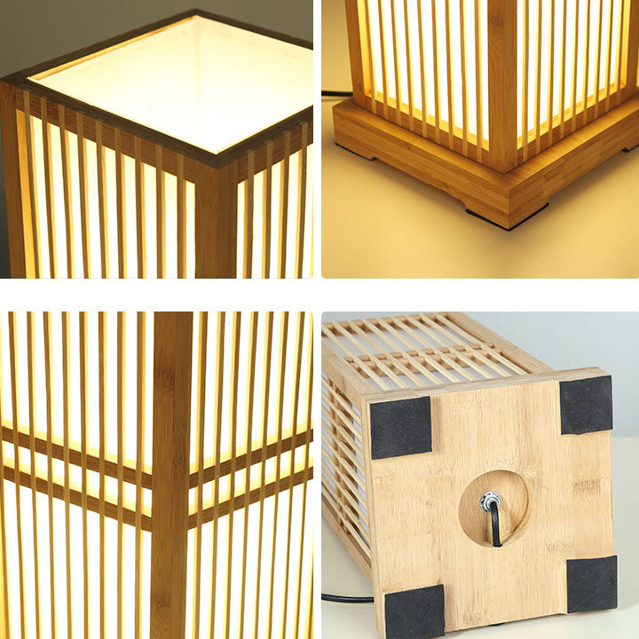 Lampada da Tavolo Tradizionale Giapponese a Colonna Quadrata in Bambù con 1 Luce per Camera da Letto