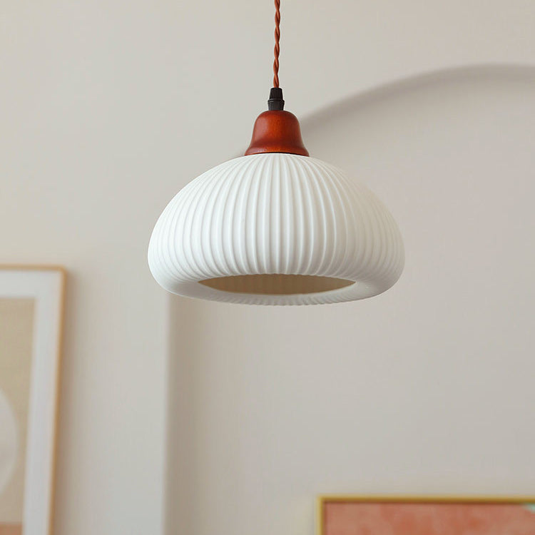 Lampada a sospensione tradizionale giapponese in ceramica con cupola rotonda piegata, legno massello e ferro, 1 luce per soggiorno e camera da letto