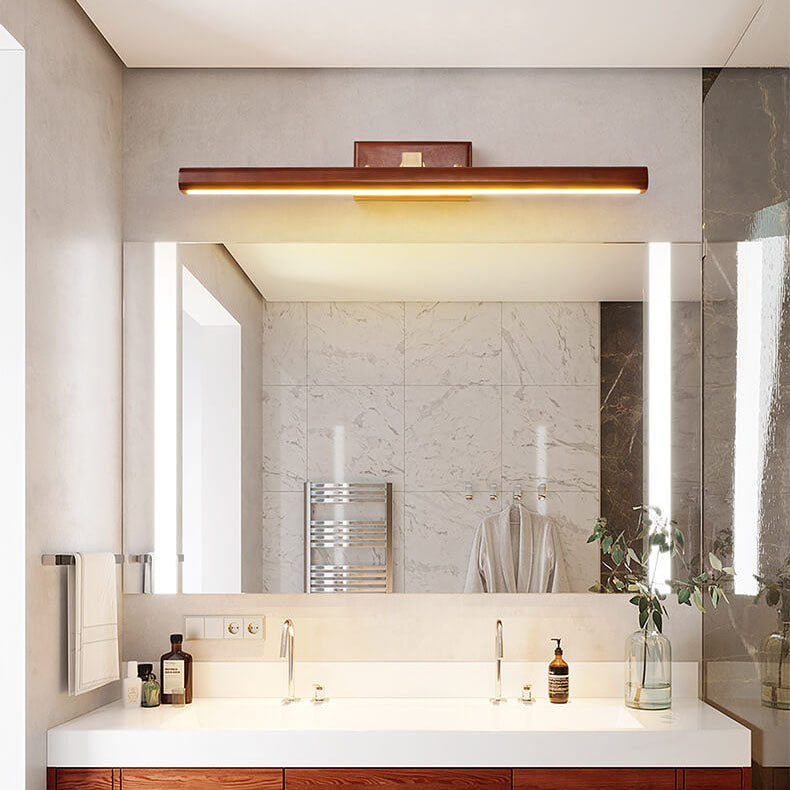 Specchio da bagno LED a cilindro in legno di faggio e rame, lampada da parete minimalista nordica per soggiorno e bagno