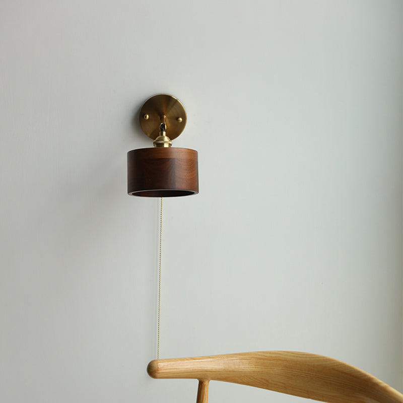 Applique da Parete Lampada a Sospensione Contemporanea Scandinava a Cono Rotondo in Rame e Legno con 1 Luce per Camera da Letto
