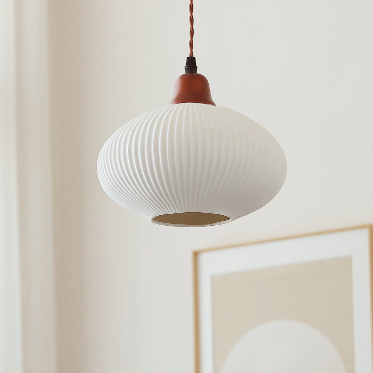 Lampada a sospensione tradizionale giapponese in ceramica con cupola rotonda piegata, legno massello e ferro, 1 luce per soggiorno e camera da letto