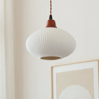 Lampada a sospensione tradizionale giapponese in ceramica con cupola rotonda piegata, legno massello e ferro, 1 luce per soggiorno e camera da letto