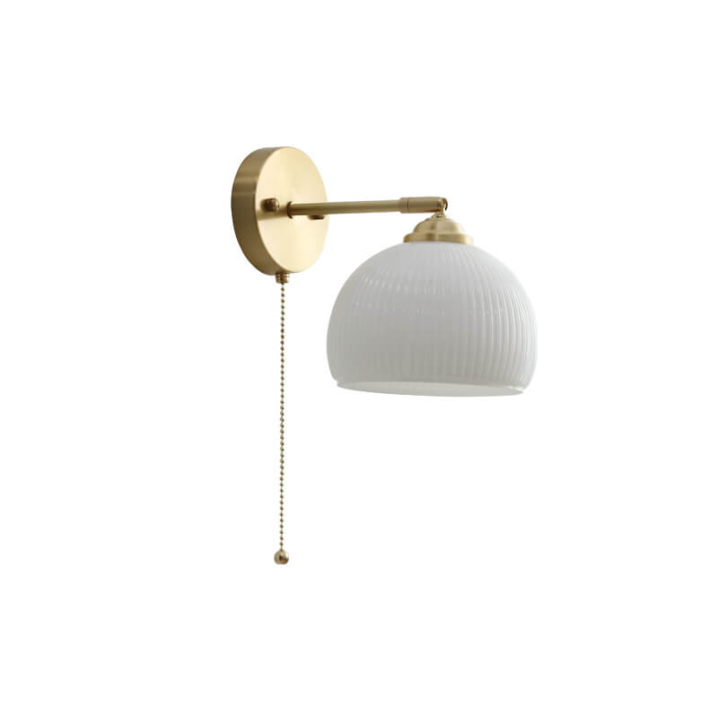 Applique da parete moderna nordica a strisce in vetro bianco ottone con cavo di trazione per camera da letto