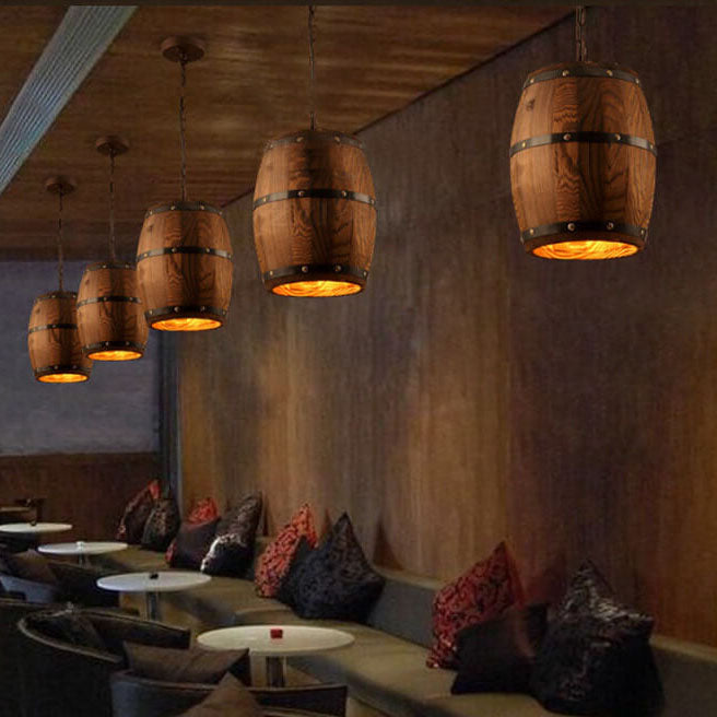 Lampadario Singolo a Barile in Ferro e Legno Rustico Tradizionale 1 Luce per Sala da Pranzo