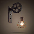 Applique da parete in ferro e legno vintage tradizionale con pulleys a 1 luce
