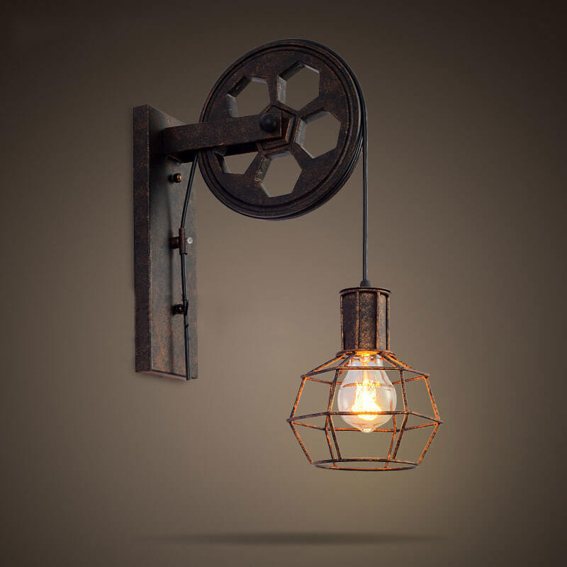 Applique da parete in ferro e legno vintage tradizionale con pulleys a 1 luce