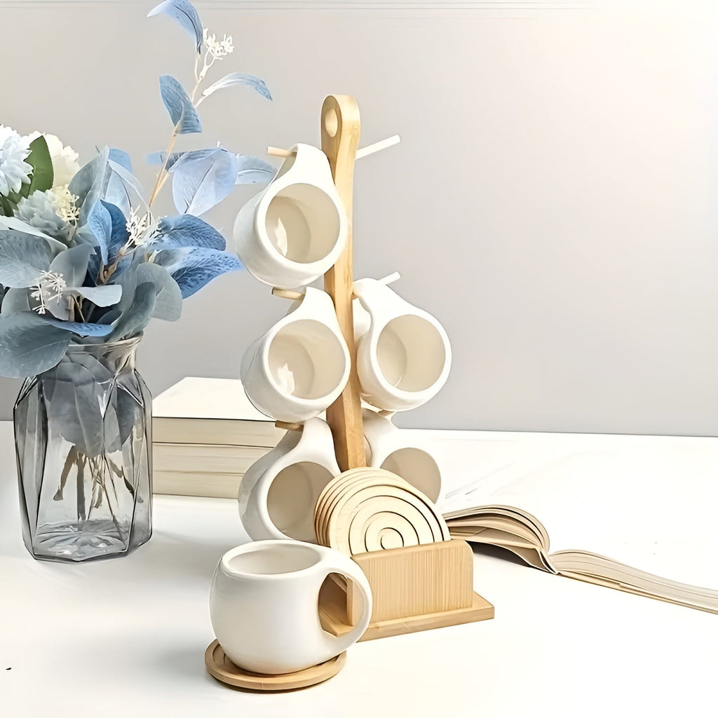 Set di tazze da caffè in ceramica con piattino e supporto – Elegante e Decorativo | Perfetto per caffè e casa
