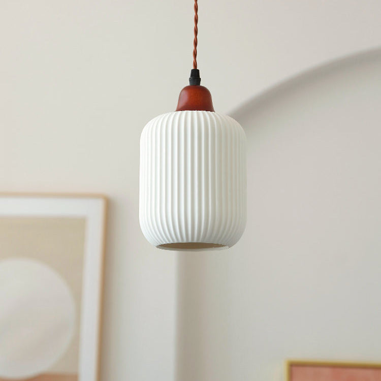 Lampada a sospensione tradizionale giapponese in ceramica con cupola rotonda piegata, legno massello e ferro, 1 luce per soggiorno e camera da letto