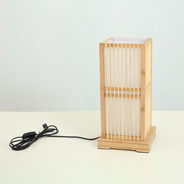 Lampada da Tavolo Tradizionale Giapponese a Colonna Quadrata in Bambù con 1 Luce per Camera da Letto