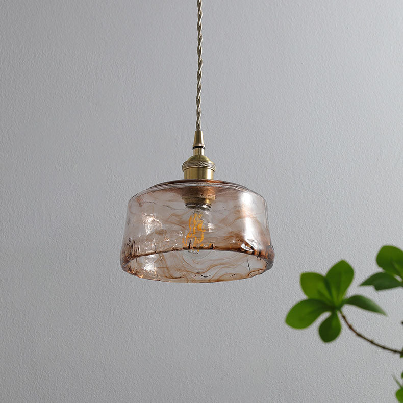 Lampadario Pendente Tradizionale Vintage in Vetro Ambra Rotondo con Ottone per Soggiorno