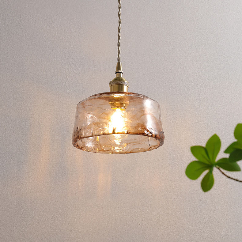 Lampadario Pendente Tradizionale Vintage in Vetro Ambra Rotondo con Ottone per Soggiorno