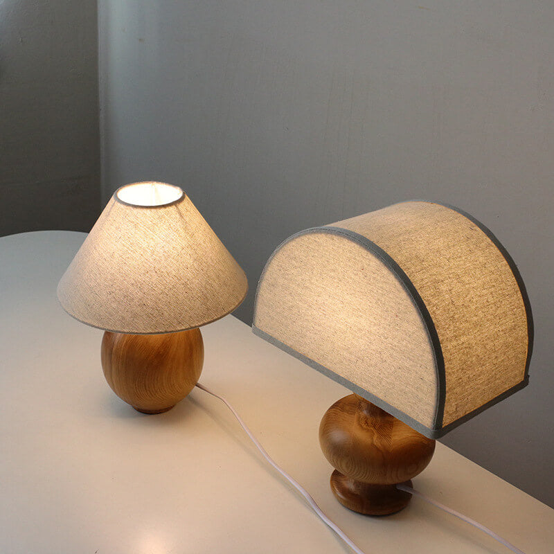 Lampada da Tavolo Vintage in Legno Massello e Tessuto 1 Luce Wabi-sabi Giapponese
