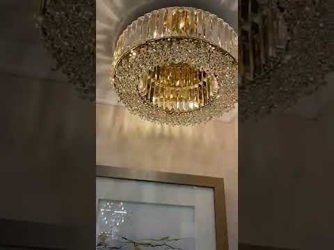 Lampadario Rotondo a Soffitto con 8 Luci in Oro e Cristallo