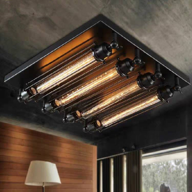 Lampada da soffitto vintage in metallo con tubi, nera, soggiorno