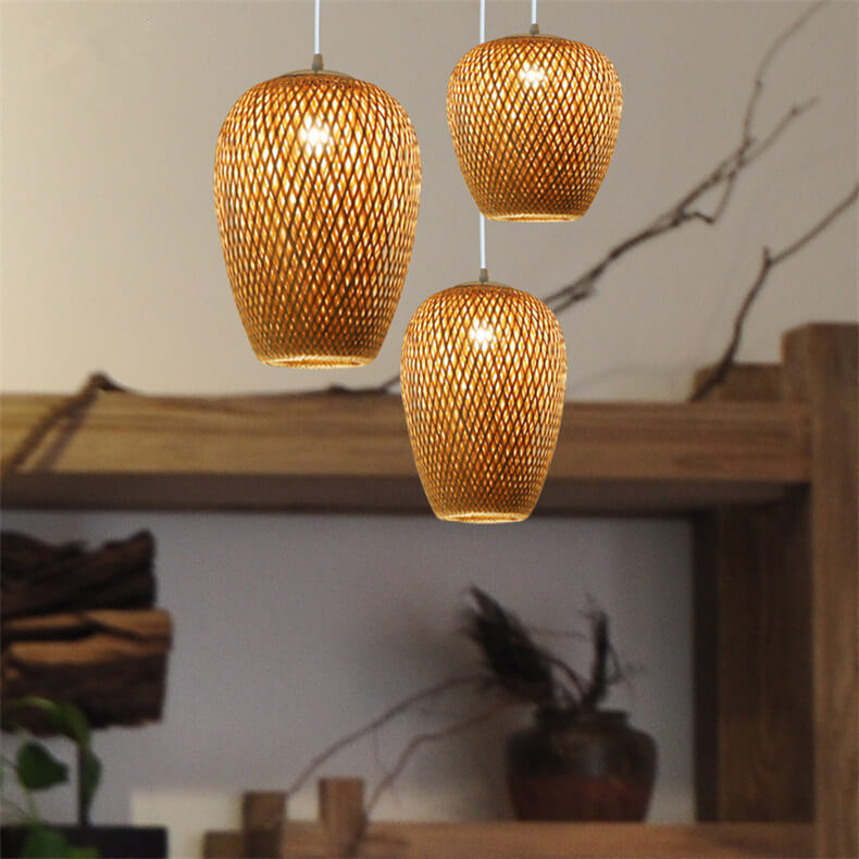 Lampada a sospensione rotonda in ferro e bambù vintage tradizionale con 1 luce per soggiorno