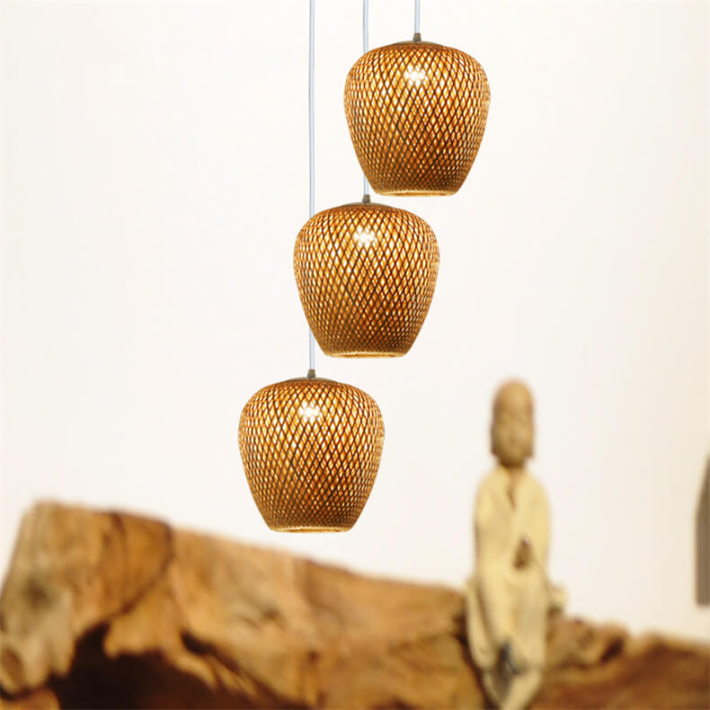 Lampada a sospensione rotonda in ferro e bambù vintage tradizionale con 1 luce per soggiorno