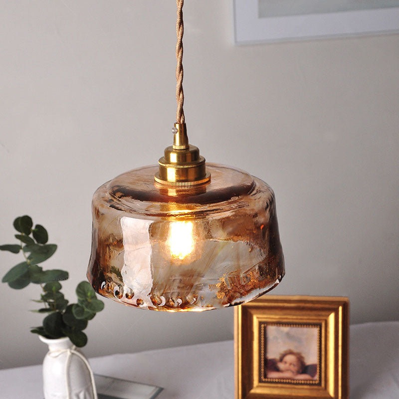 Lampadario Pendente Tradizionale Vintage in Vetro Ambra Rotondo con Ottone per Soggiorno