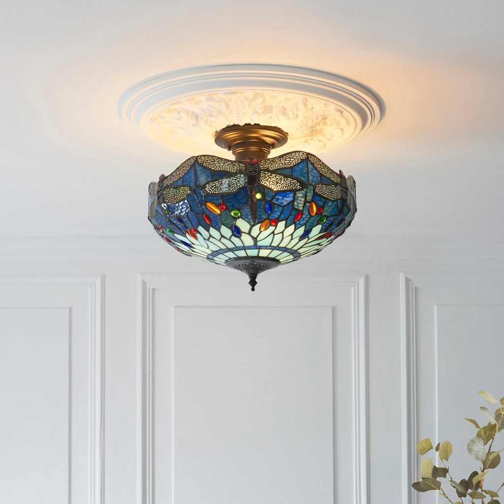 Luce da soffitto semi-flush Tiffany Medium Libellula Blu