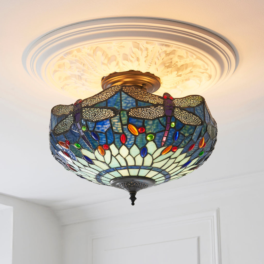 Luce da soffitto semi-flush Tiffany Medium Libellula Blu