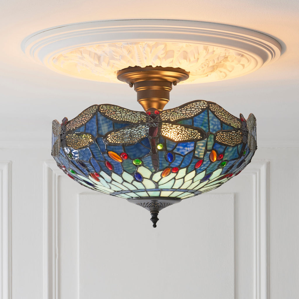 Luce da soffitto semi-flush Tiffany Medium Libellula Blu