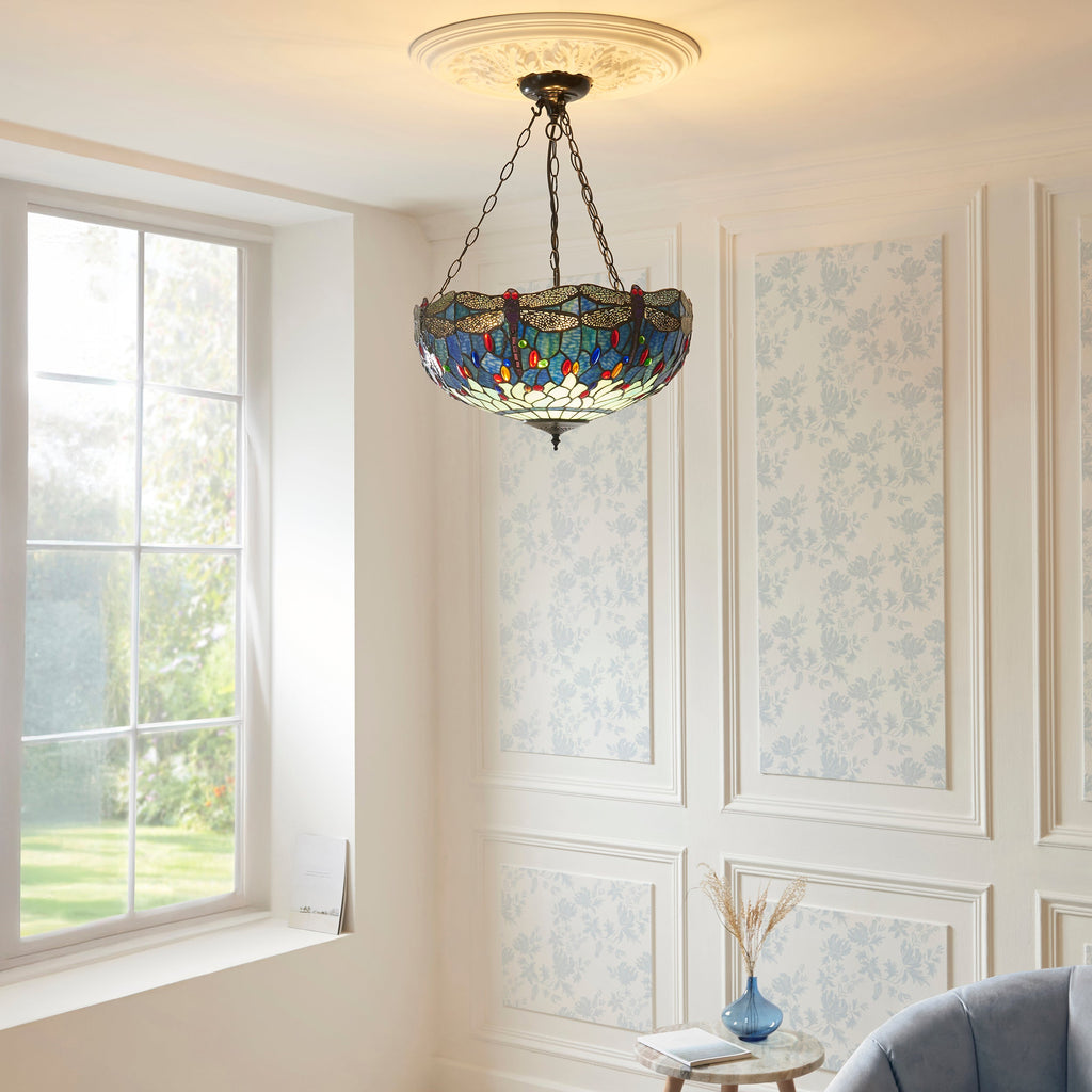 Luce da soffitto Tiffany Invertita Grande Libellula Blu